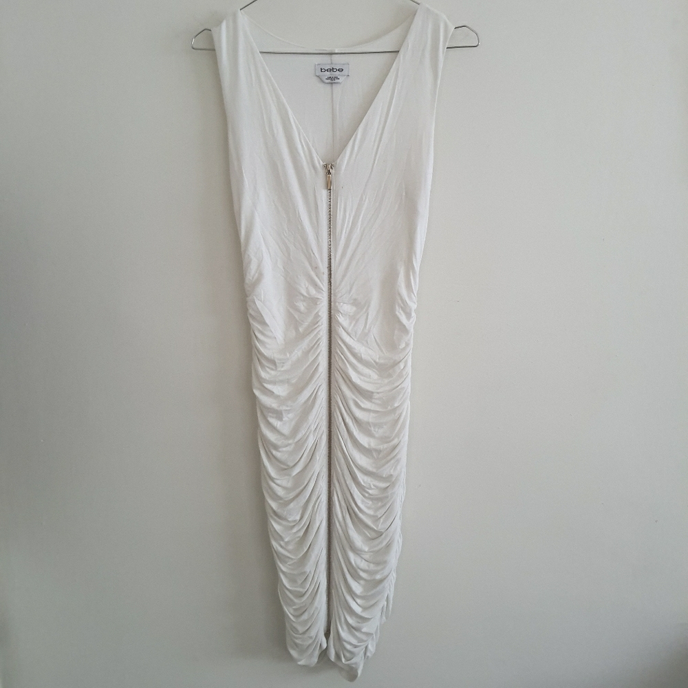 White BEBE gathered ruching dress